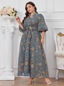 Modelyn Plus Size Women's Floral Embroidery Lantern Sleeve Long Dress Maxi Women Outfit Long Evening Dresses