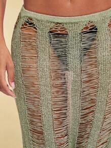 SHEIN BAE Solid Color Ripped Sweater Skirt - Blue - View 10