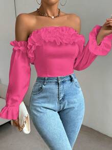 Chiquease Blusa con hombros descubiertos, volantes y mangas cortas acampanadas con volante para mujer - Rosa Fucsia - Ver 6