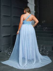 Plus Size Women Slit Flared Sequined Strapless Light Blue Evening Dress