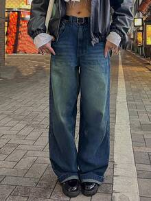 Washed Wide Leg Jeans Without Belt - Blue - View 3