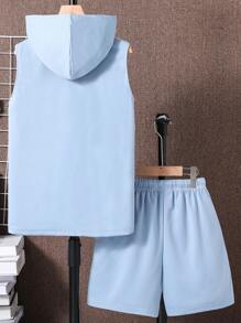 SHEIN Tween Boy Letter Patchwork Hooded Top And Shorts Set, School, Campus, College - Baby Blue - View 2