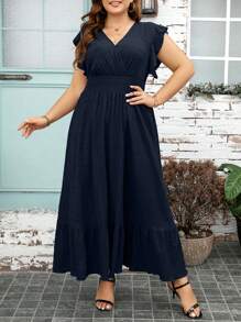SHEIN Clasi Plus Size Solid Color V-Neck Sleeveless Summer Dress - Navy Blue - View 3
