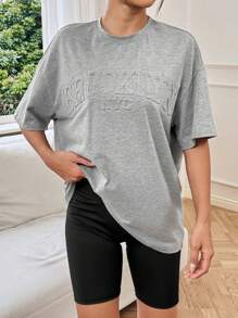 SHEIN EZwear Letter Embossed Drop Shoulder Short Sleeve T-Shirt - Grey - View 6