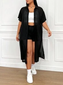 SHEIN EZwear 大尺碼半透明度假風格長襯衫,側面裂縫和前鈕扣包覆設計 - 黑色 - 查看 4