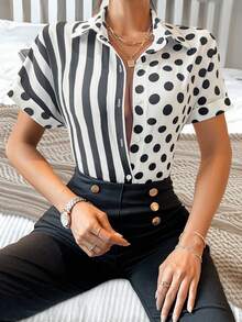 SHEIN Privé Của phụ nữ Chấm bi & Sọc Batwing Ngắn tay Áo sơ mi - trắng - Xem 5