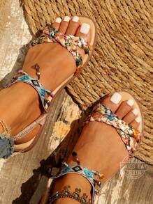 Bohemian Style Beaded Flat Sandals Suitable For Outside Wearing Valentines,Beach Outfits,Summer Outfits - Beige - View 7