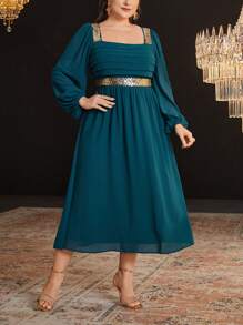 Modelyn Plus Size Sequin Trimmed Ribbon Patchwork Square Collar Pleated Dress