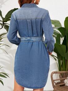 Breezaya Vestido De Mezclilla Para Mujer Con Adornos De Tachuelas, Mangas Acampanadas Y Dobladillo Curvado - Azul - Ver 2