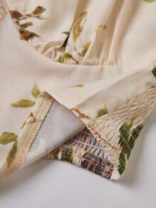 SHEIN Unity Floral Print Frill Trim Decor Band Collar Shirt With Puff Sleeves - Apricot - View 6