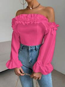Chiquease Blusa con hombros descubiertos, volantes y mangas cortas acampanadas con volante para mujer - Rosa Fucsia - Ver 5