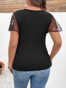 Celure Áo thun cổ chữ V sâu tương phản lưới kim tuyến cỡ lớn phía trước xoắn - màu đen - Xem 2