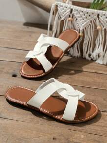 Spring And Summer New Ladies H Slippers, Fashionable And Casual Style Slides, Roman Style Slip-On Slippers, Slouchy Black, Comfortable Beige And Brown Flat Relief Slipper Recommended By Blogger