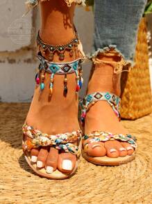 Bohemian Style Beaded Flat Sandals Suitable For Outside Wearing Valentines,Beach Outfits,Summer Outfits - Beige - View 5