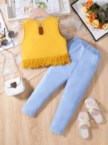 Elladie kids 少女羽毛装饰上衣搭配牛仔效果裤子