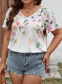 SHEIN LUNE Plus Size Floral Print V-Neck Blouse - Multicolor - View 3