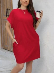 INAWLY Plus Size Solid Color Batwing Sleeve Dress With Diagonal Pockets - Red - View 5