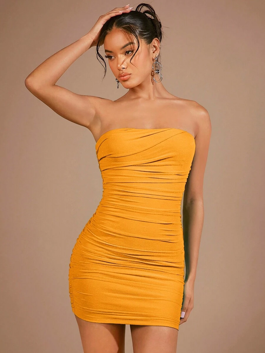 SHEIN BAE 女性純色鉛筆連衣裙,褶皺細節與無肩帶設計 - 橘色 - 查看 1