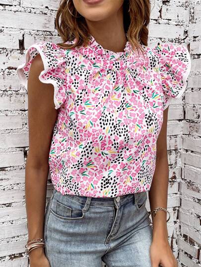 女士夏季粉色多色抽象印花高领荷叶袖衬衫