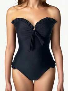 SHEIN Swim Đồ bơi một mảnh có nút thắt phía trước đi biển mùa hè dành cho nữ - màu đen - Xem 3