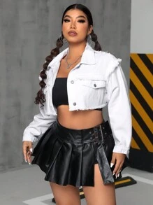 SHEIN EZwear 大尺碼純色鈕扣前洋裝夾克,帶磨邊設計 - 白色 - 查看 4