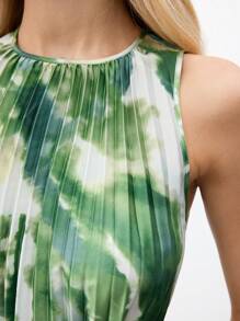 BizChic Vestido de mujer con estampado de teñido anudado verde y blanco, corte halter, plisado, con cinturón, para verano