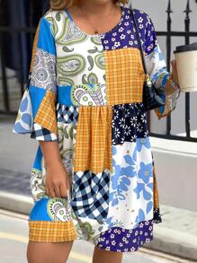 EMERY ROSE Kích thước lớn Lỏng lẻo Vòng cổ Vá lại In Đầm - Màu vàng - Xem 1