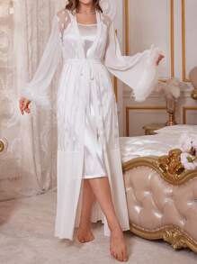 3d Lace Decor Heart Shaped Mesh Robe And Solid Color Satin Slip Dress, Pajama Set White Set, Vacation