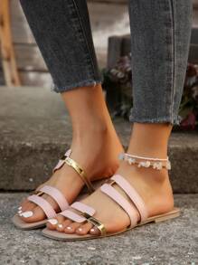 女士平底低跟时尚休闲凉鞋，舒适拖鞋，春夏穿搭 - 粉色 - 查看 2