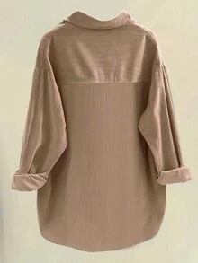 Women's Solid Color Flap Detail Corduroy Shirt,Long Sleeve Tops