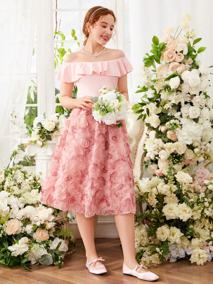 Teen Girl Solid Color Off Shoulder Ruffle Trim Top & 3d Flower Mesh A-Line Skirt Two Pieces Set