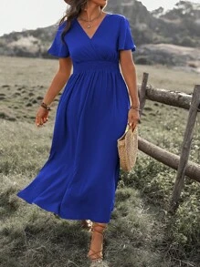 Franclia Vestido largo con cuello en V, cinturón y envolvente para mujer de talla grande