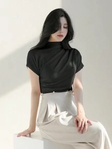 DAZY Áo thun cổ đứng trơn màu cho nữ - màu đen - Xem 5