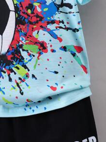 SHEIN Young Boy Splatter Soccer Print Top & Letter Printed Shorts 2pcs/Set - Blue - View 7