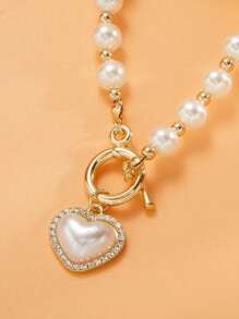 Collar con colgante de corazón con decoración de perlas falsas y hebilla OT, perfecto como regalo para el Día de San Valentín, Día de la Madre