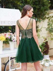 BABYONLINE D.R.E.S.S. 女士圓領無袖刺繡雞尾酒會服裝 - 墨綠色 - 查看 2