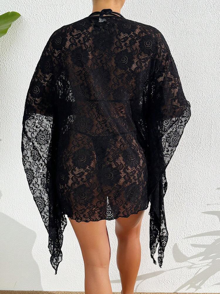 Women's Solid Color Lace Beach Cover-Up Top, Suitable For Summer, Beach, Swimming Pool