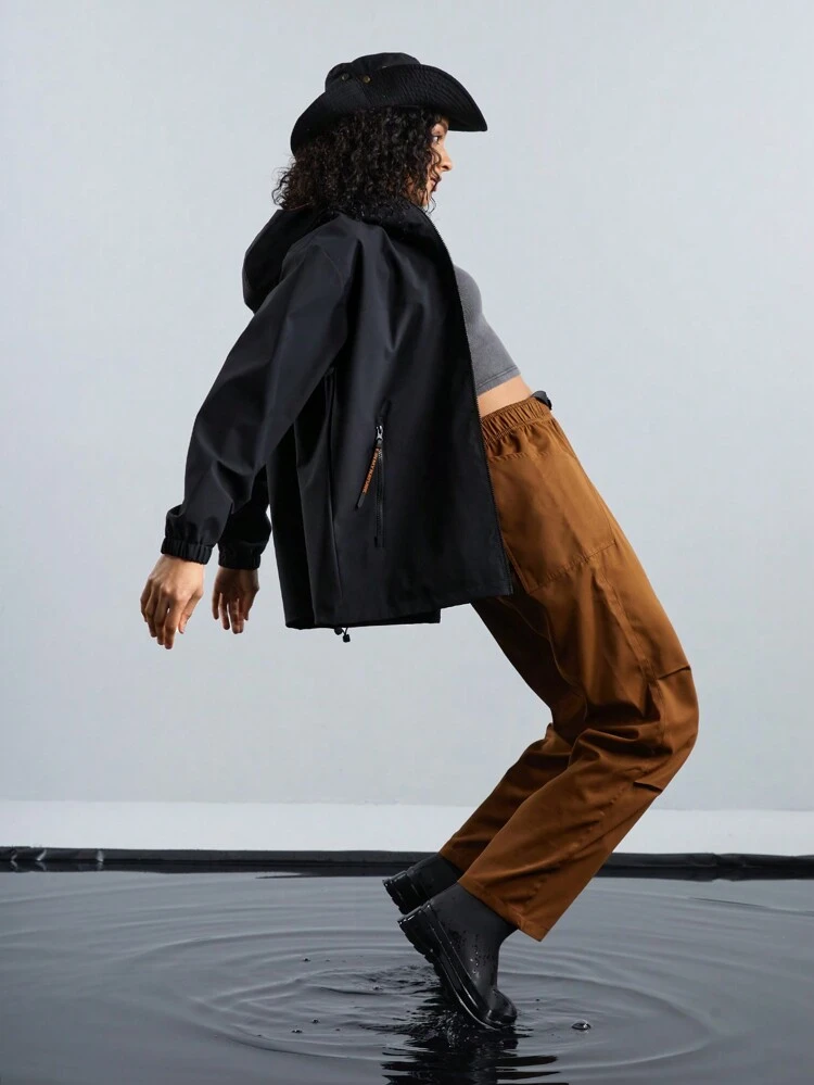 Color-Blocking Patch Detail Zipper Front Hooded Outdoor Jacket