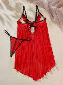 SHEIN 女式性感中空睡裙，深V領網眼蕾絲連衣裙 - 紅色 - 查看 2