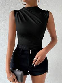 SHEIN Unity Women's Turtleneck Sleeveless Bodycon Bodysuit With Pleats