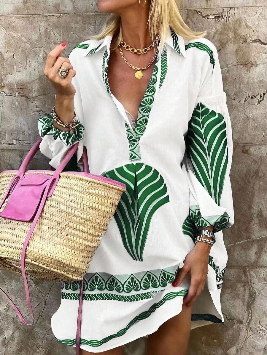 印花宽松雪纺连衣裙，春夏度假休闲优雅 - 綠色 - 查看 1