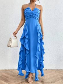 Chiquease Của phụ nữ Dây Xù Hoa Sen Váy không tay - Màu xanh lam - Xem 6