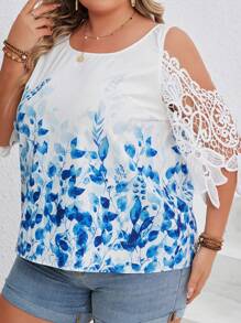 SHEIN VCAY Plus Size Floral Printed Lace Patchwork Cold Shoulder Round Neckline Blouse For Summer - Multicolor - View 3