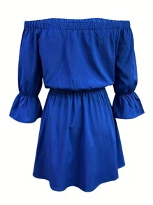 INAWLY 女士纯色露肩喇叭袖连衣裙 - 藍色 - 查看 2