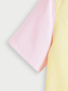 Manfinity VCAY Camicia A Maniche Corte In Tessuto A Contrasto A Righe Per Uomo Con Patchwork In Tessuto Intrecciato