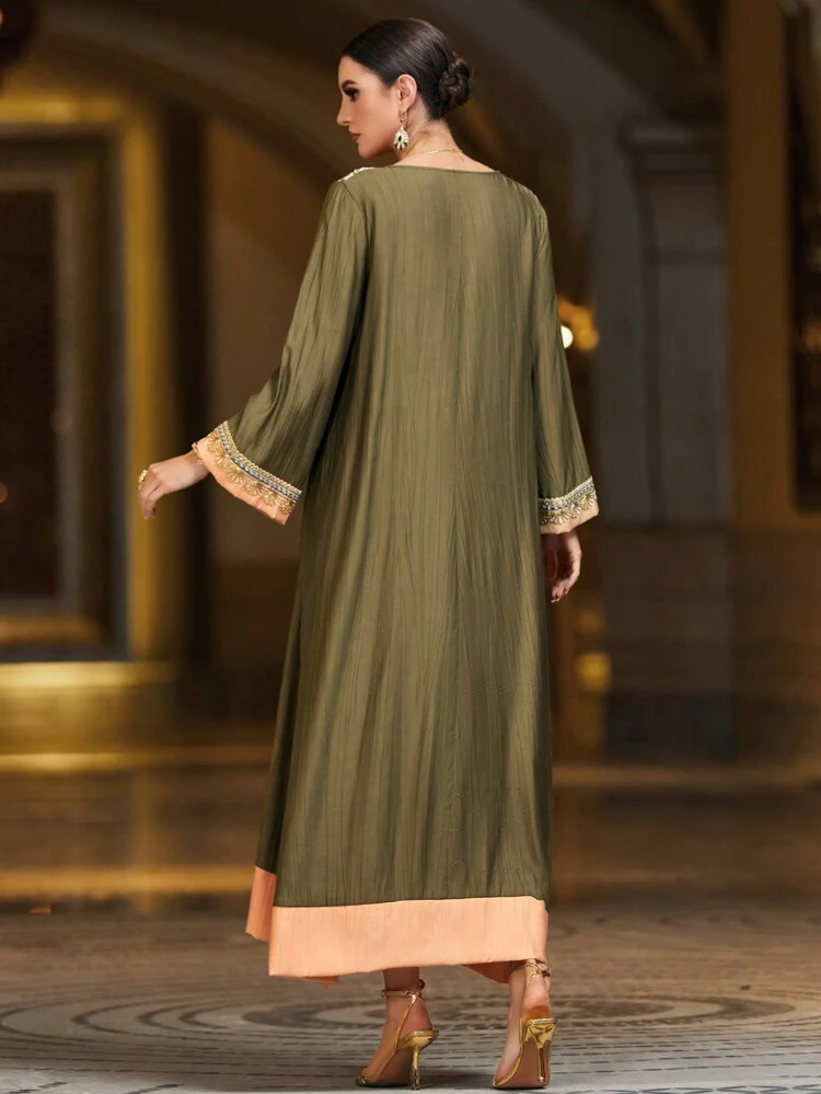 Ladies' Embroidered Detail Long Sleeve Kaftan Dress, Elegant Luxury Evening Party Style