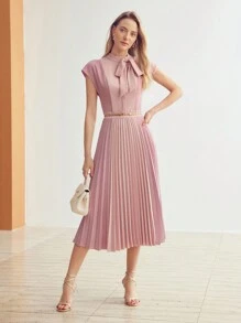 MOTF PREMIUM SOLID BOW MOCK NECK PLEATED HEM DRESS,SUMMER OUTFITS