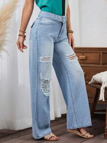 SHEIN LUNE Pantalones Vaqueros De Pierna Recta Desgastados - Lavado ligero - Ver 5
