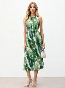 BizChic Vestido de mujer con estampado de teñido anudado verde y blanco, corte halter, plisado, con cinturón, para verano