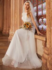 Lace Appliques Contrast Mesh Wedding Dress - White - View 4